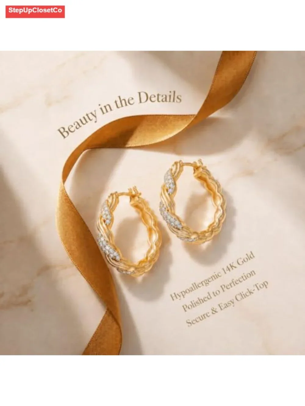 14k Gold Plated Twisted Huggie Hoop Earrings for Women with Cubic Zirconia 25mm